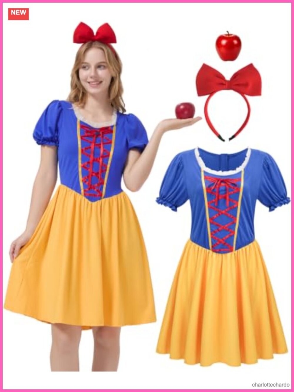 Women Princess Halloween Costume Dress Set Blue Yellow with Headband & Prop